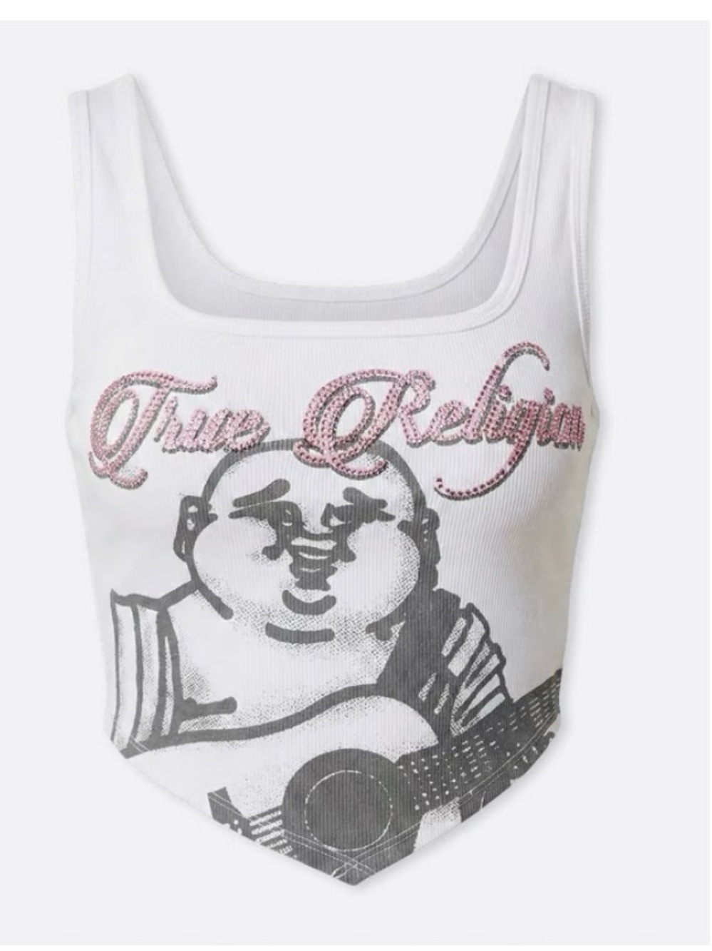 True Religion White Ribbed Tank with Pink Rhinestone Script - Picture 3 of 4